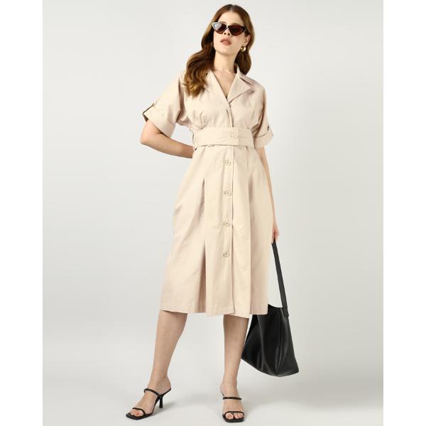 Beige Tailored Belted Midi Dress